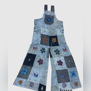 Patchwork Denim Color Overalls with Floral Embroidery